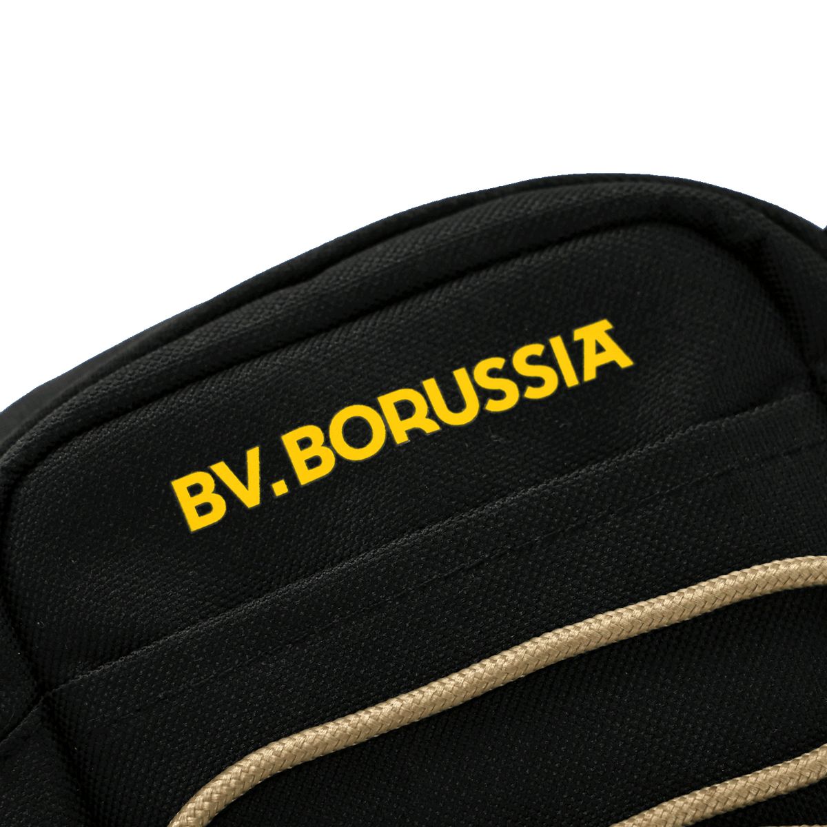 Schwarze BVB-Schultertasche mit gelbem BV.Borussia-Logo und beige-farbenem Seil-Design, ideal für Fans von Borussia Dortmund.
