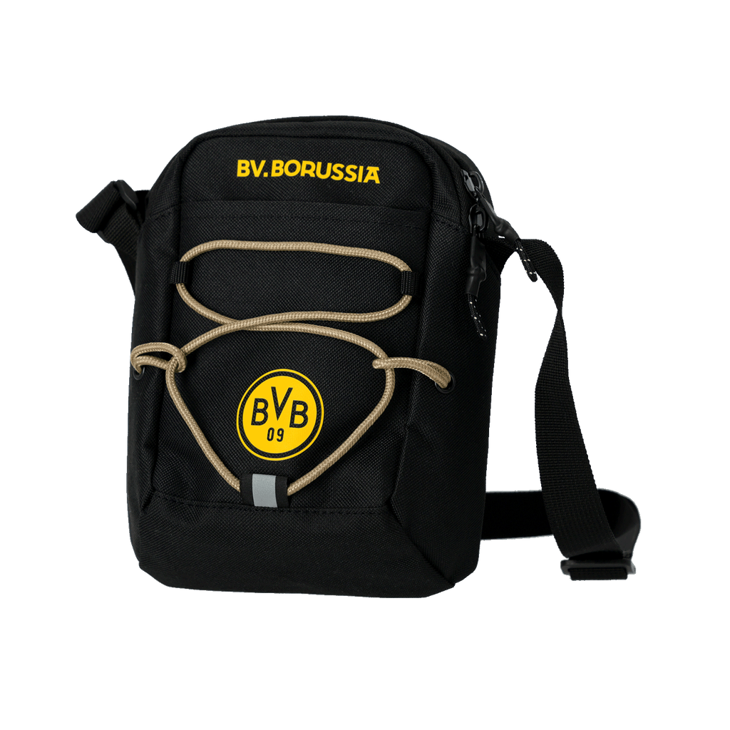 Schwarze BVB-Schultertasche Rote Erde mit gelbem BVB-Logo und BV.BORUSSIA-Schriftzug, stylisches Accessoire für Fans von Borussia Dortmund.