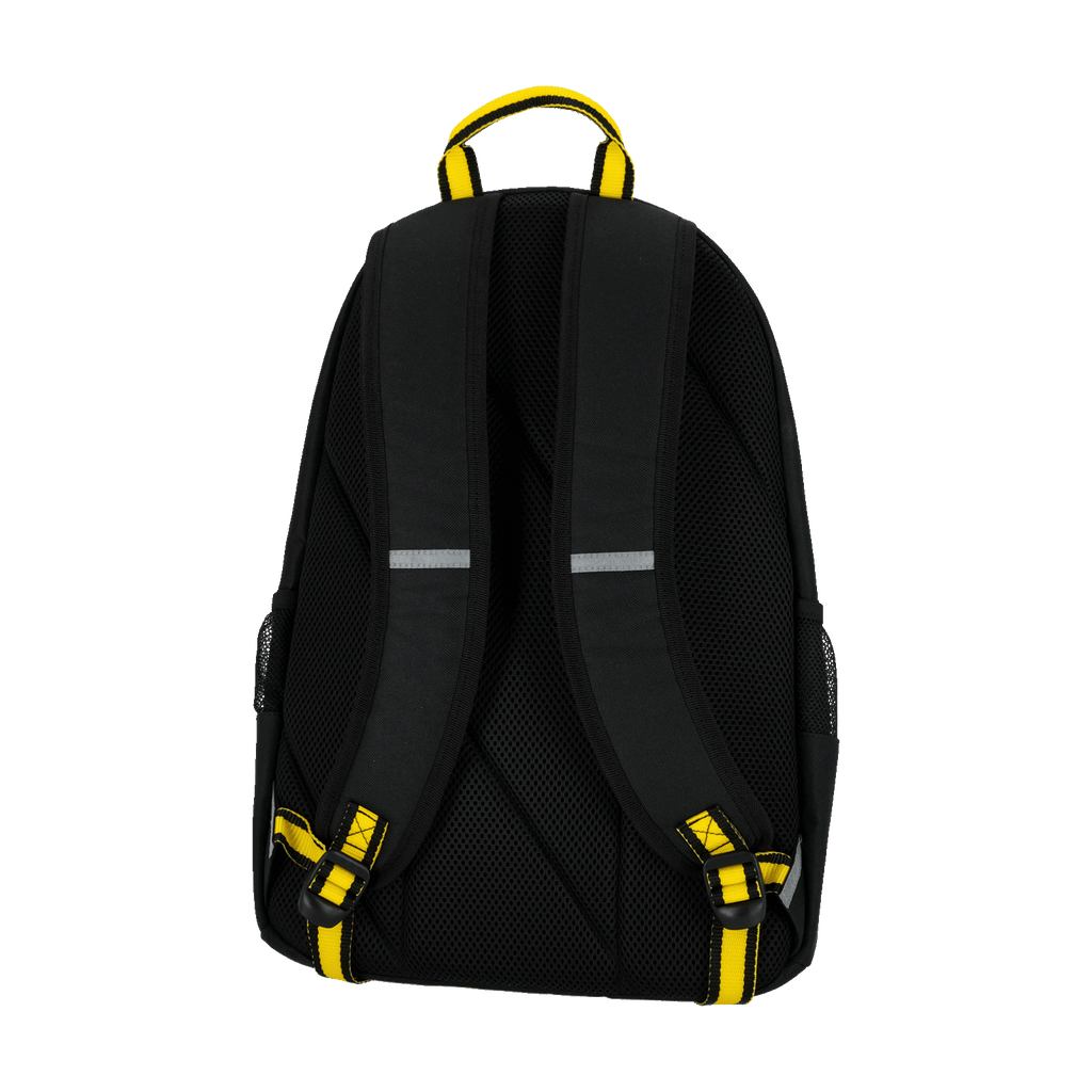 Rear view of a black-and-yellow BVB backpack with padded, adjustable straps—perfect for Borussia Dortmund fans.