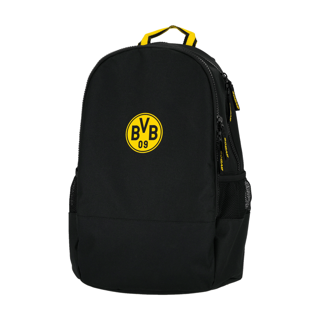 Black BVB backpack with a yellow BVB logo and convenient side and main compartments. Perfect for Borussia Dortmund fans.
