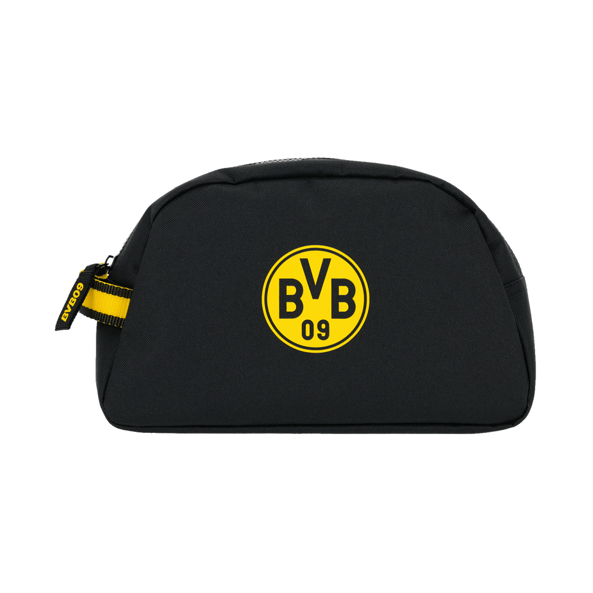 Trousse de toilette du BVB, noire, avec le logo du club en jaune et une boucle jaune : un accessoire de rangement pratique pour les supporters du Borussia Dortmund.