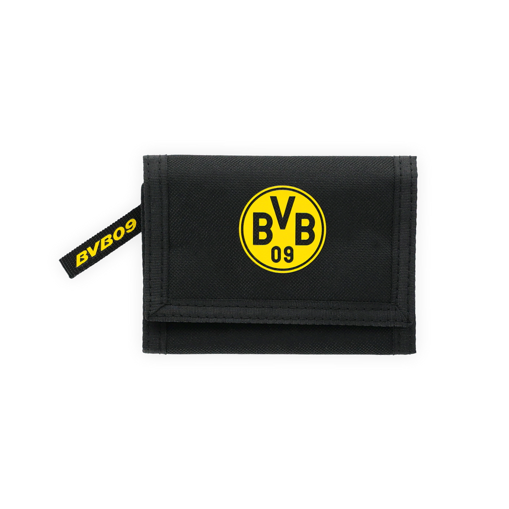 Portafoglio nero del BVB con logo giallo del BVB e scritta "BVB 09". Un pratico accessorio per i tifosi del Borussia Dortmund.