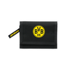 Portafoglio nero del BVB con logo giallo del BVB e scritta "BVB 09". Un pratico accessorio per i tifosi del Borussia Dortmund.