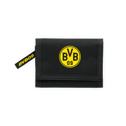 黒いBVBの財布で、黄色いBVBのロゴと「BVB 09」の文字が入っています。ボルシア・ドルトムントのファンにとって実用的なアイテムです。