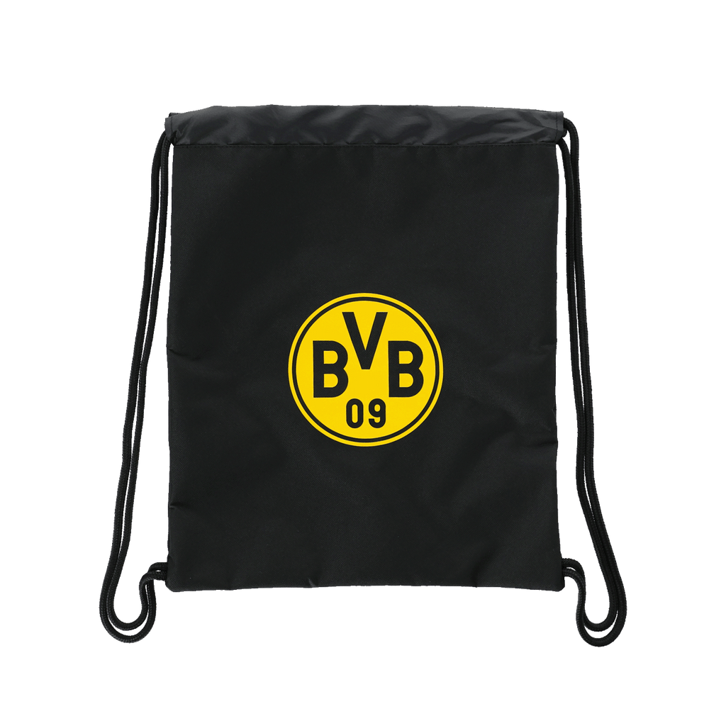 Schwarzer Turnbeutel von Borussia Dortmund mit zentral platziertem gelbem BVB-Logo und schwarzen Kordeln, ideal für Fans.