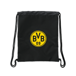 ボルシア・ドルトムントの黒いジムバッグ。中央に黄色いBVBロゴがあしらわれ、黒い引き紐が付いており、ファンに最適です。