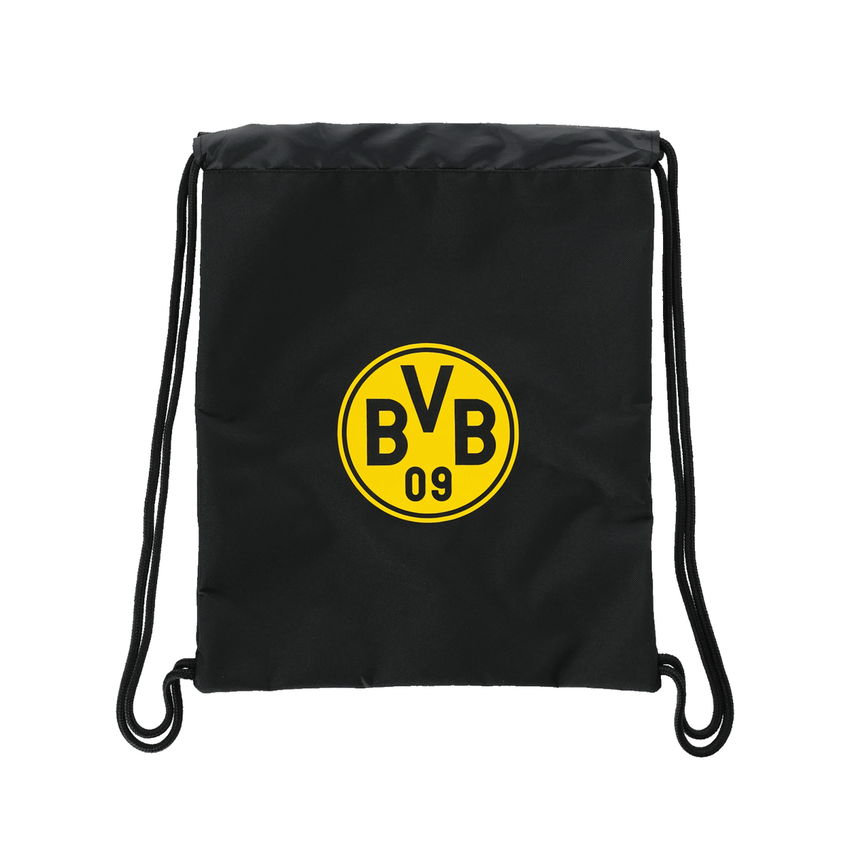 Schwarzer Turnbeutel von Borussia Dortmund mit zentral platziertem gelbem BVB-Logo und schwarzen Kordeln, ideal für Fans.