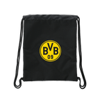 Sac de sport noir du Borussia Dortmund, orné du logo BVB jaune au centre et doté de cordons noirs, idéal pour les supporters.