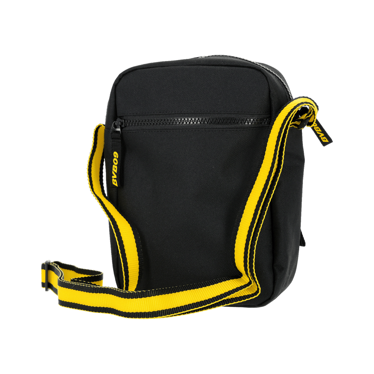 Schwarze BVB-Schultertasche mit gelb-schwarzem Tragegurt und dezentem BVB-Logo, perfekt für Fans von Borussia Dortmund.