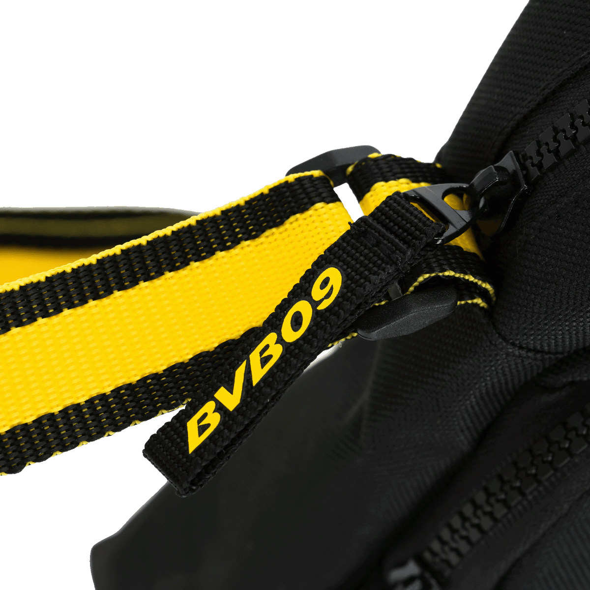 Black BVB shoulder bag with a yellow-and-black strap and a printed BVB09 logo, perfect for Borussia Dortmund fans