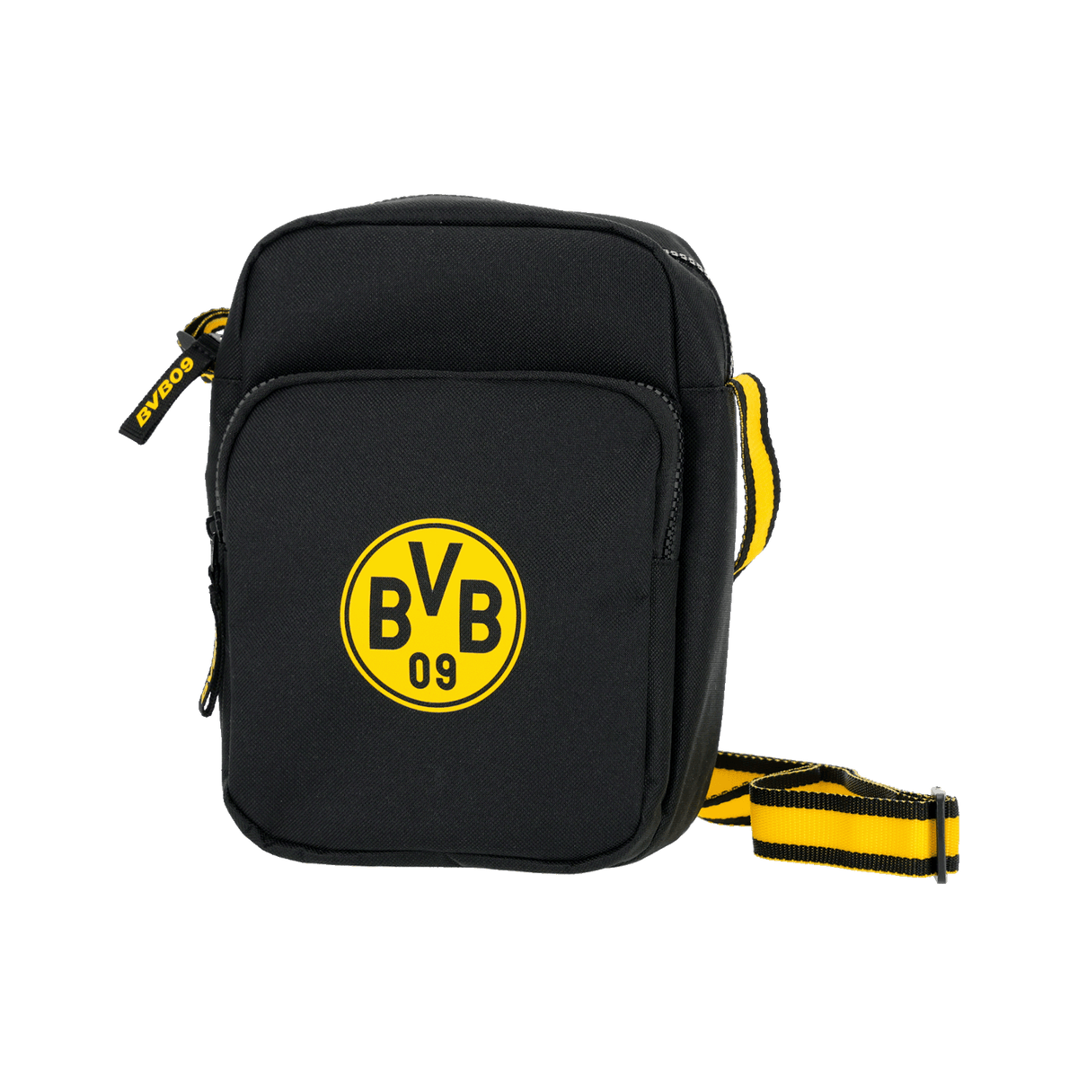 Black-and-yellow BVB shoulder bag with a striking BVB logo and an adjustable shoulder strap, ideal for fans of the Borussia Dortmund soccer club.