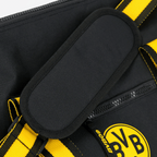 Sac de sport noir et jaune BVB 09 avec des anses et un logo BVB bien visible, idéal pour les supporters et le sport.