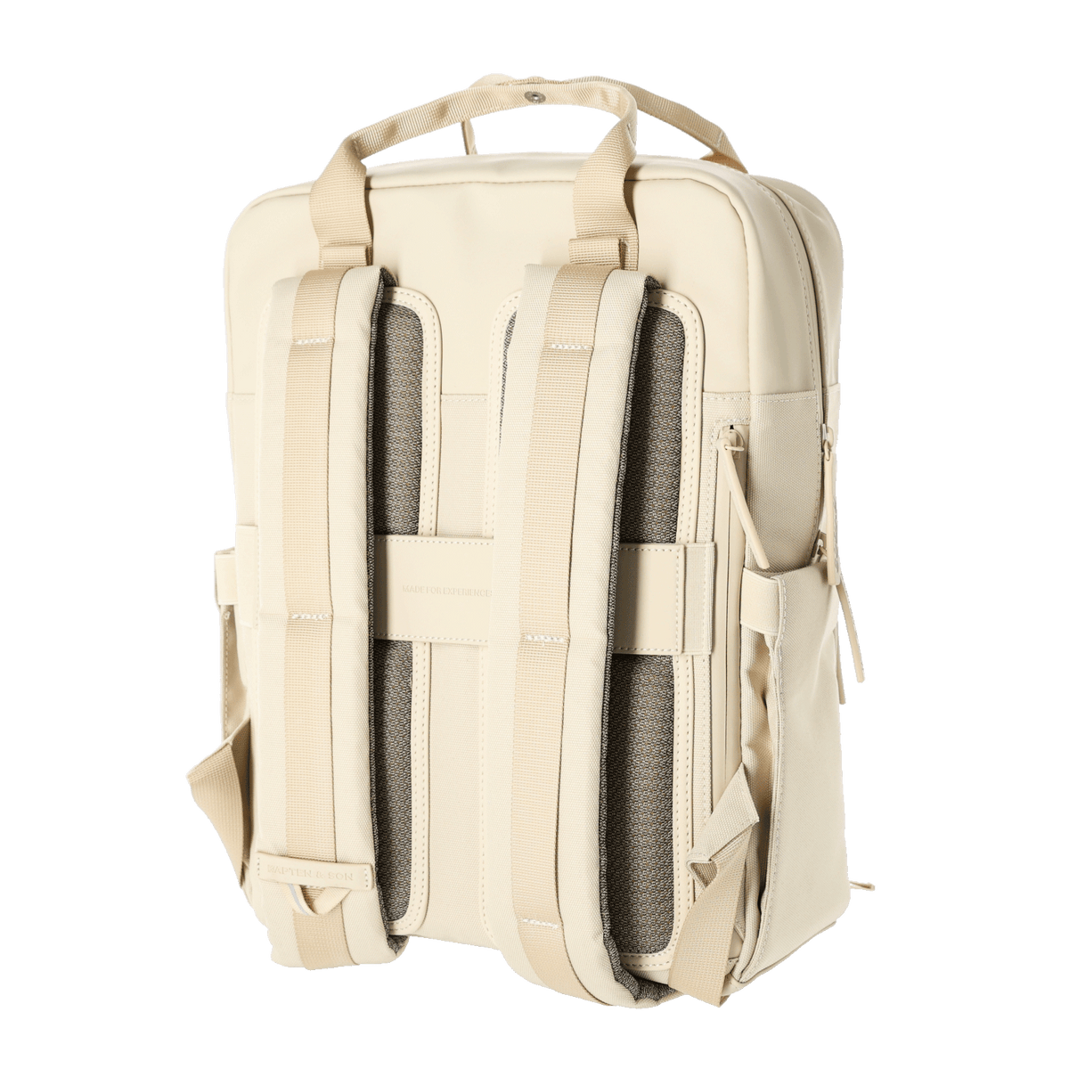 Vista posteriore dello zaino beige Kapten & Son Bergen Pro, con spallacci imbottiti e un design compatto e moderno.
