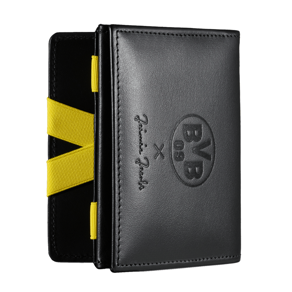 Schwarze BVB-Geldbörse mit gelben Banddetails, BVB 09-Logo-Prägung und exklusivem Design von Jaimie Jacobs.