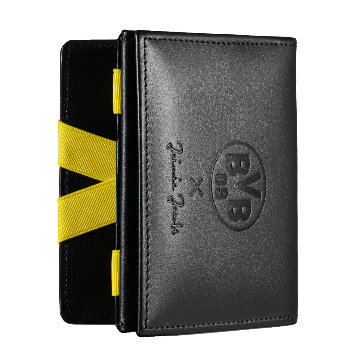 Portafoglio nero del BVB con dettagli in nastro giallo, logo BVB 09 in rilievo e design esclusivo di Jaimie Jacobs.