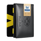 Hochwertige schwarze BVB-Geldbörse aus Leder mit gelben Elementen, eingeprägtem BVB 09 Logo und RFID-Schutz, entworfen von Jaimie Jacobs.