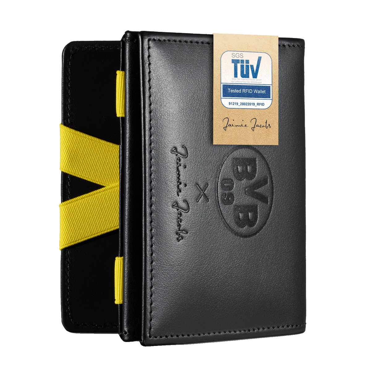 Hochwertige schwarze BVB-Geldbörse aus Leder mit gelben Elementen, eingeprägtem BVB 09 Logo und RFID-Schutz, entworfen von Jaimie Jacobs.