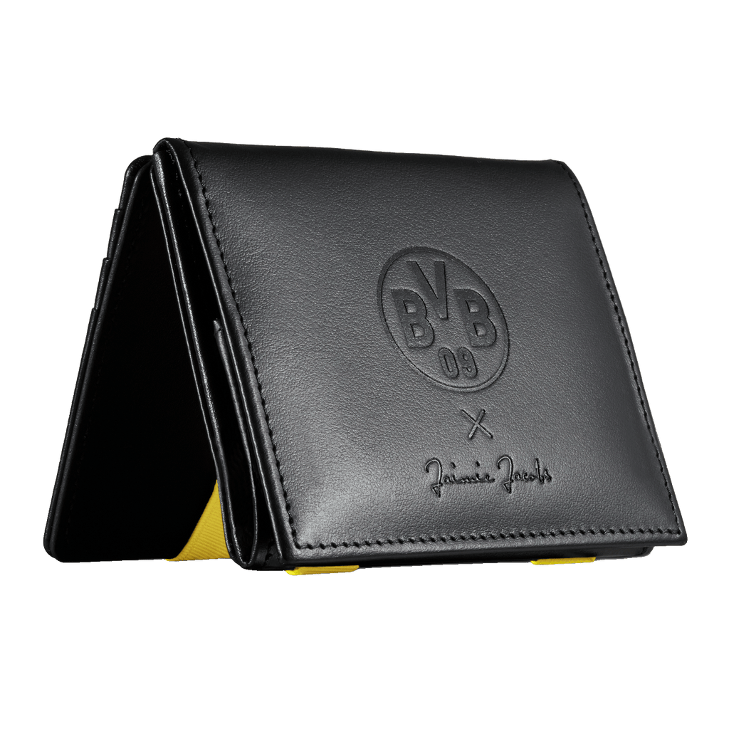 Schwarze BVB-Geldbörse von Jaimie Jacobs mit eingeprägtem BVB-Logo und modernem Design, ideales Accessoire für Fans.
