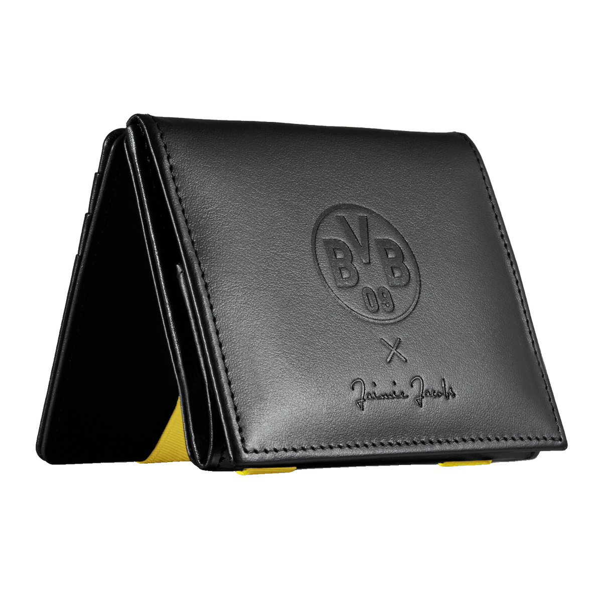 Schwarze BVB-Geldbörse von Jaimie Jacobs mit eingeprägtem BVB-Logo und modernem Design, ideales Accessoire für Fans.