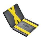 Flap Boy Slim BVB fan wallet in black and yellow, with yellow elastic straps and embossed "Borussia Dortmund" lettering.