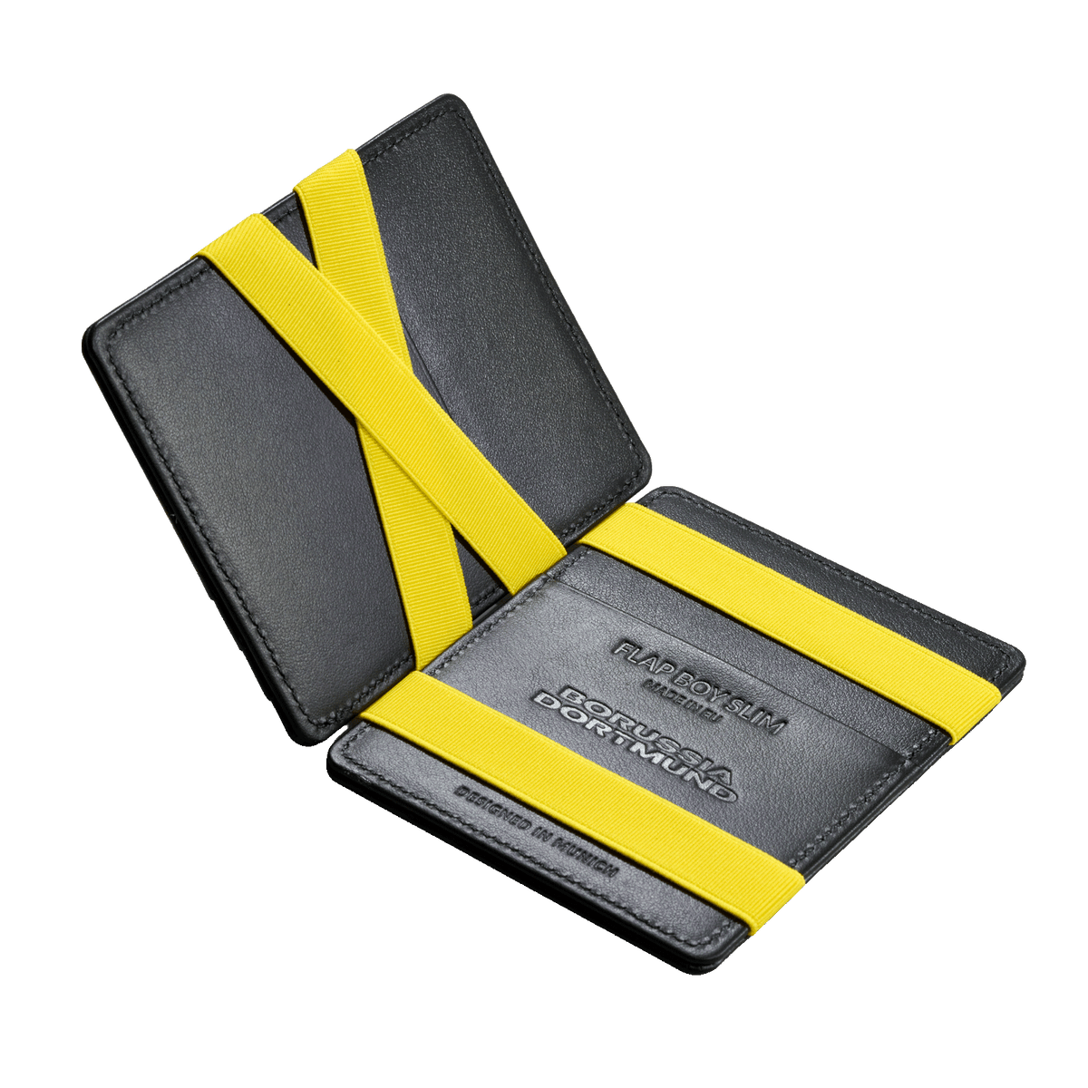 Flap Boy Slim BVB fan wallet in black and yellow, with yellow elastic straps and embossed "Borussia Dortmund" lettering.