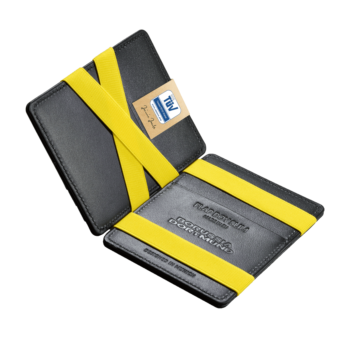 Black BVB "Flap Boy Slim" wallet with yellow elastic bands and the Borussia Dortmund logo, designed by Jaimie Jacobs.