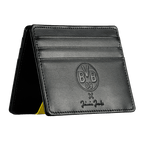 Elegant black BVB Flap Boy Slim card case by Jaimie Jacobs, made of high-quality material, featuring the BVB logo and yellow accents—perfect for Borussia Dortmund fans.