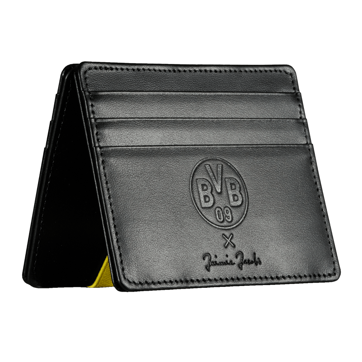 Elegant black BVB Flap Boy Slim card case by Jaimie Jacobs, made of high-quality material, featuring the BVB logo and yellow accents—perfect for Borussia Dortmund fans.
