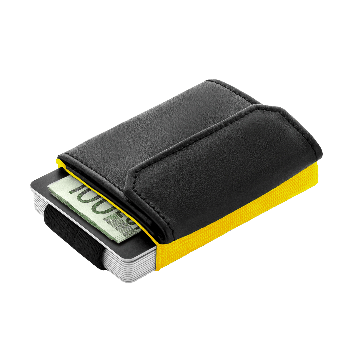 Portafoglio BVB Nano Boy Pocket nero e giallo di Jaimie Jacobs con fermasoldi compatto per carte e banconote, dal design moderno, ideale per i tifosi del Borussia Dortmund.