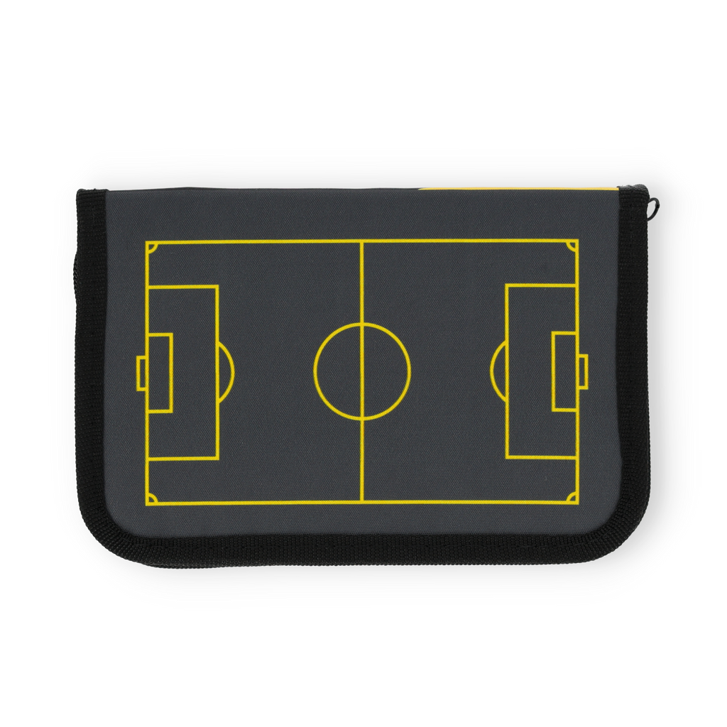 BVB-Mäppchen in schwarzgelb mit stilisiertem Fußballfeld-Design, offizielles Fanartikel-Zubehör der 2025-Kollektion von Borussia Dortmund.