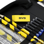 BVB-Schreibset in schwarzgelb mit Borussia Dortmund-Logo, bestehend aus Radiergummi, Bleistiften, Lineal und Tintenpatronen.