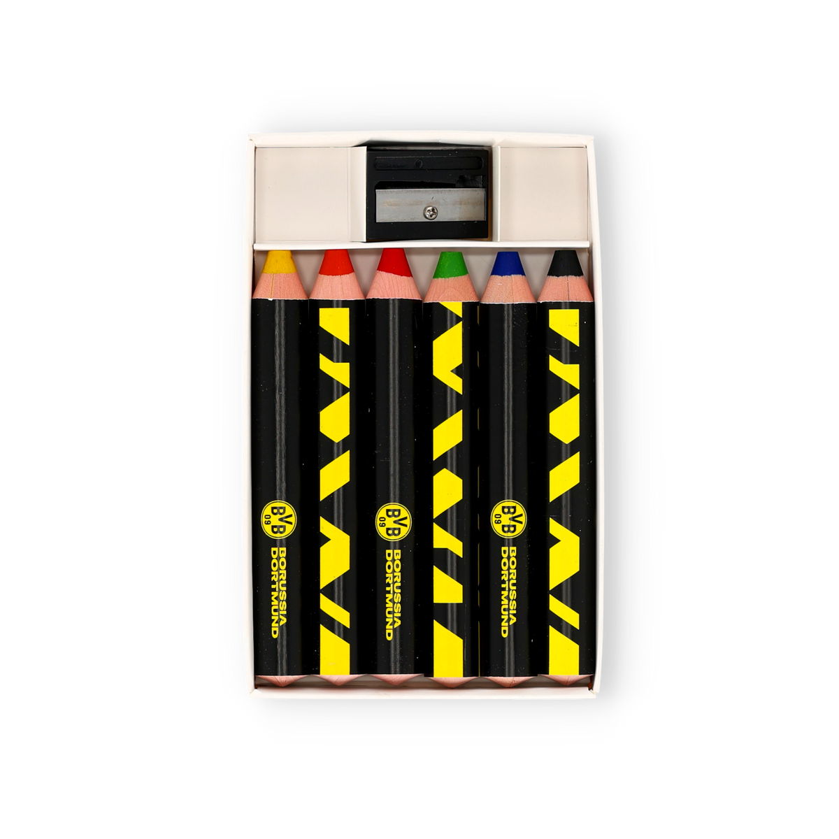 Schwarzgelbe BVB 3-in-1 Buntstifte im 6er Set inklusive Anspitzer, ideal für kreative Borussia Dortmund Fans.