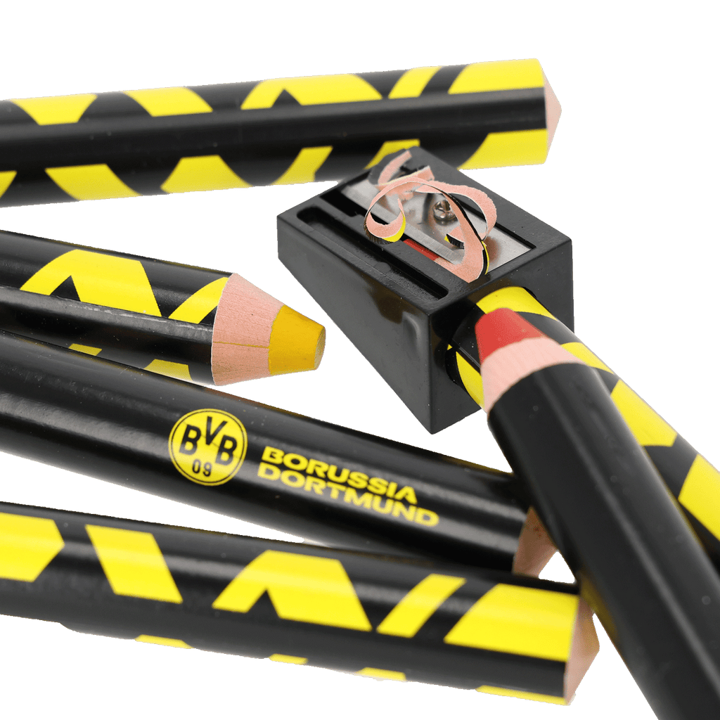 Set da 6 matite colorate BVB 3 in 1 nei colori nero e giallo con temperino, set di cancelleria ideale per i tifosi del Borussia Dortmund