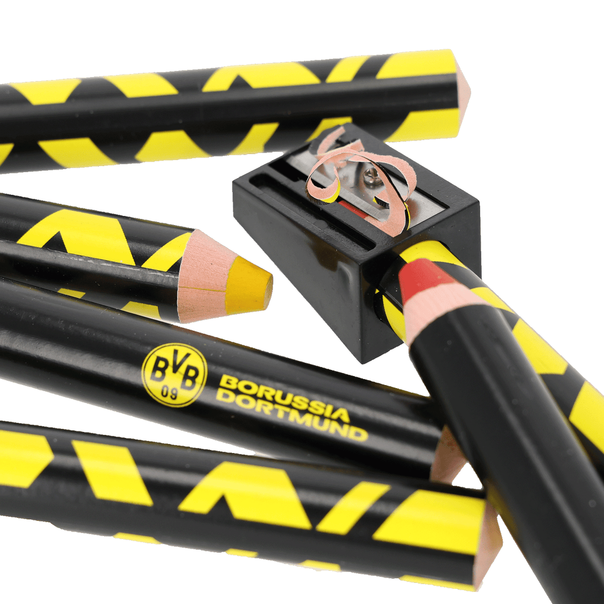 Set da 6 matite colorate BVB 3 in 1 nei colori nero e giallo con temperino, set di cancelleria ideale per i tifosi del Borussia Dortmund