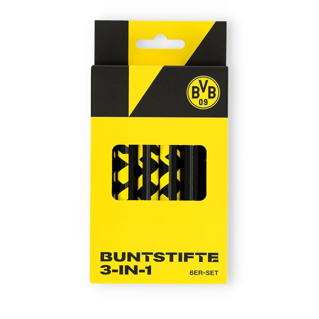 6er-Set BVB 3-in-1 Buntstifte mit integriertem Anspitzer, schwarzgelbes Design mit BVB-Logo. Perfekter Fanartikel für kreative Borussia Dortmund Fans.
