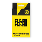 6er-Set BVB 3-in-1 Buntstifte mit integriertem Anspitzer, schwarzgelbes Design mit BVB-Logo. Perfekter Fanartikel für kreative Borussia Dortmund Fans.