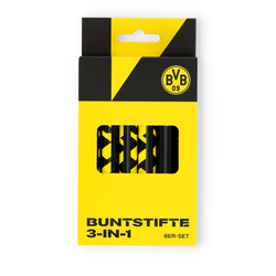 6er-Set BVB 3-in-1 Buntstifte mit integriertem Anspitzer, schwarzgelbes Design mit BVB-Logo. Perfekter Fanartikel für kreative Borussia Dortmund Fans.