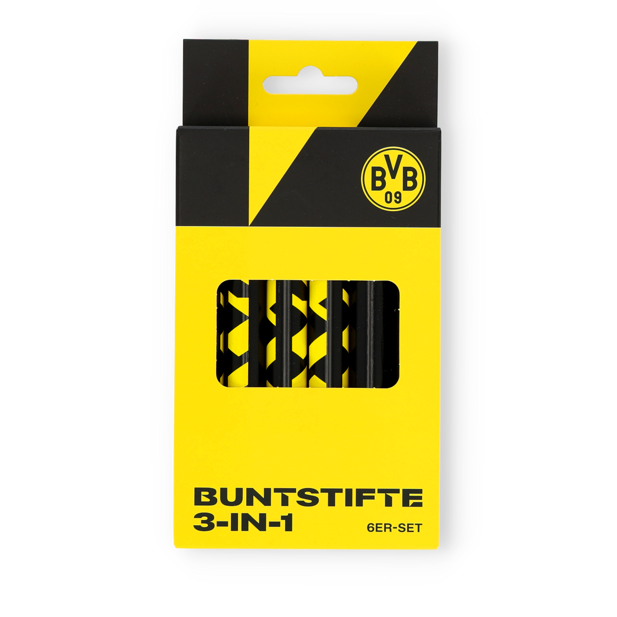 Set of 6 BVB 3-in-1 colored pencils with built-in sharpener, black-and-yellow design featuring the BVB logo. The perfect fan merchandise for creative Borussia Dortmund fans.