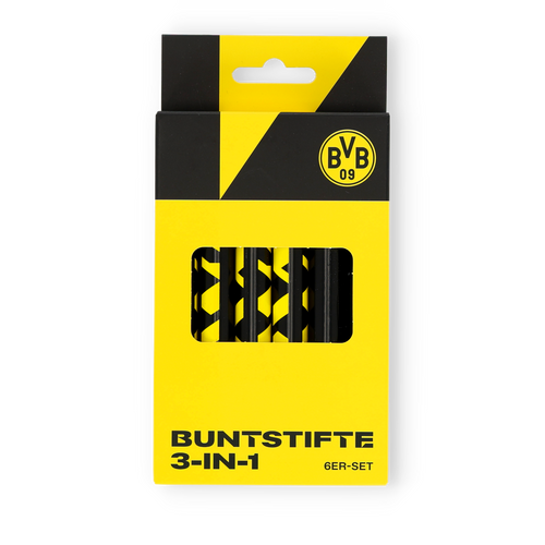 6er-Set BVB 3-in-1 Buntstifte mit integriertem Anspitzer, schwarzgelbes Design mit BVB-Logo. Perfekter Fanartikel für kreative Borussia Dortmund Fans.