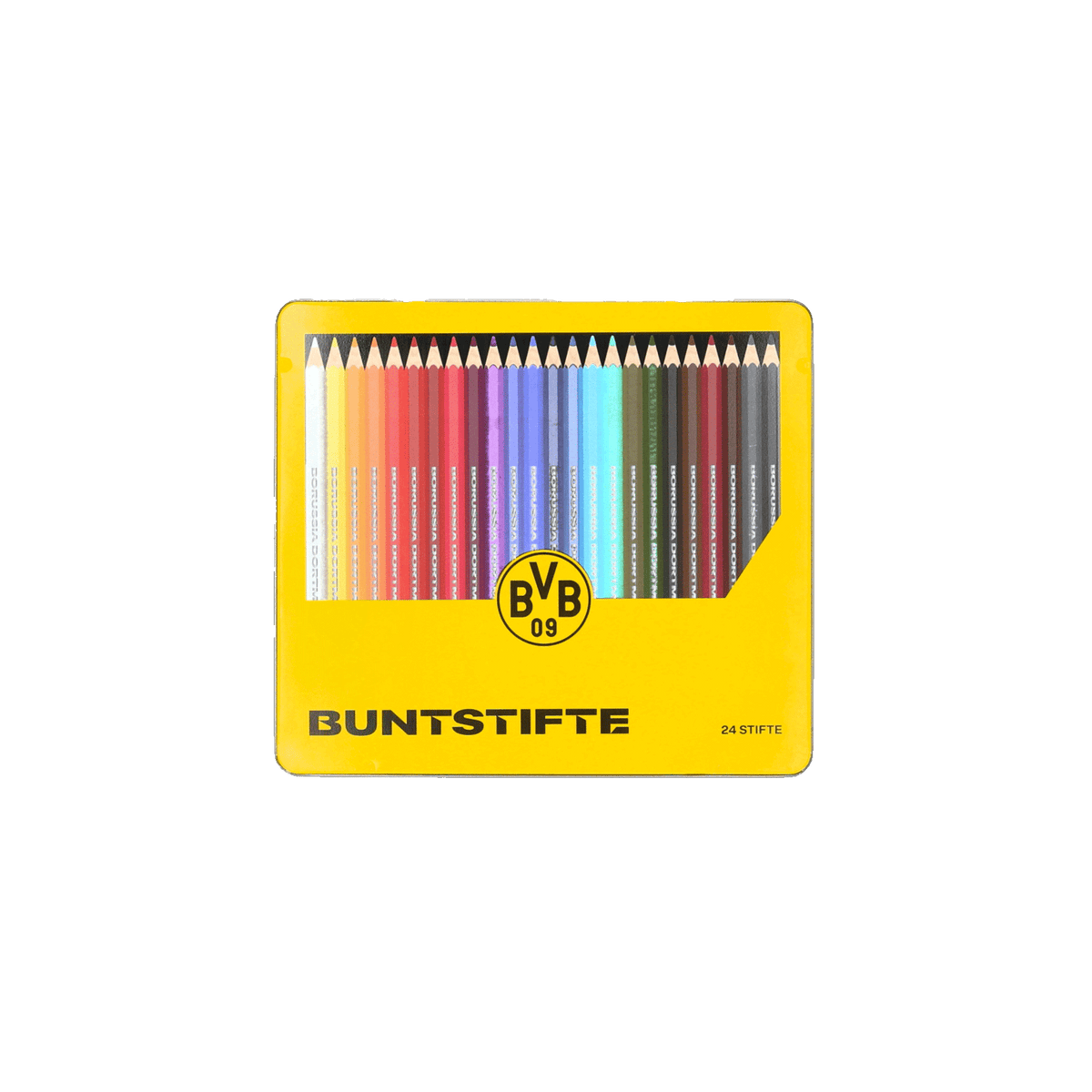BVB Buntstifte 24er-Set in schwarzgelber Verpackung mit BVB-Logo, perfekt als Fanartikel und für kreative Zwecke.