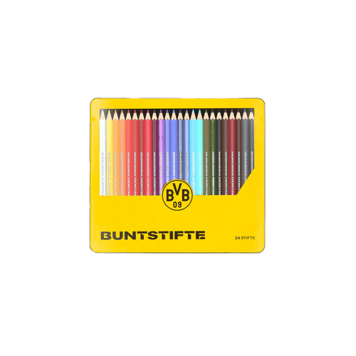 Lot de 24 crayons de couleur BVB dans un emballage noir et jaune orné du logo du BVB, parfaits comme articles de supporters et pour les activités créatives.