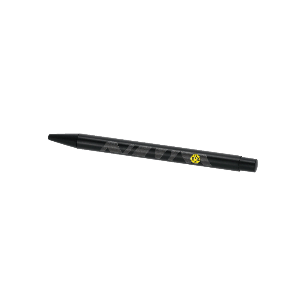 An elegant black ballpoint pen featuring the yellow BVB logo, a fan item for Borussia Dortmund fans