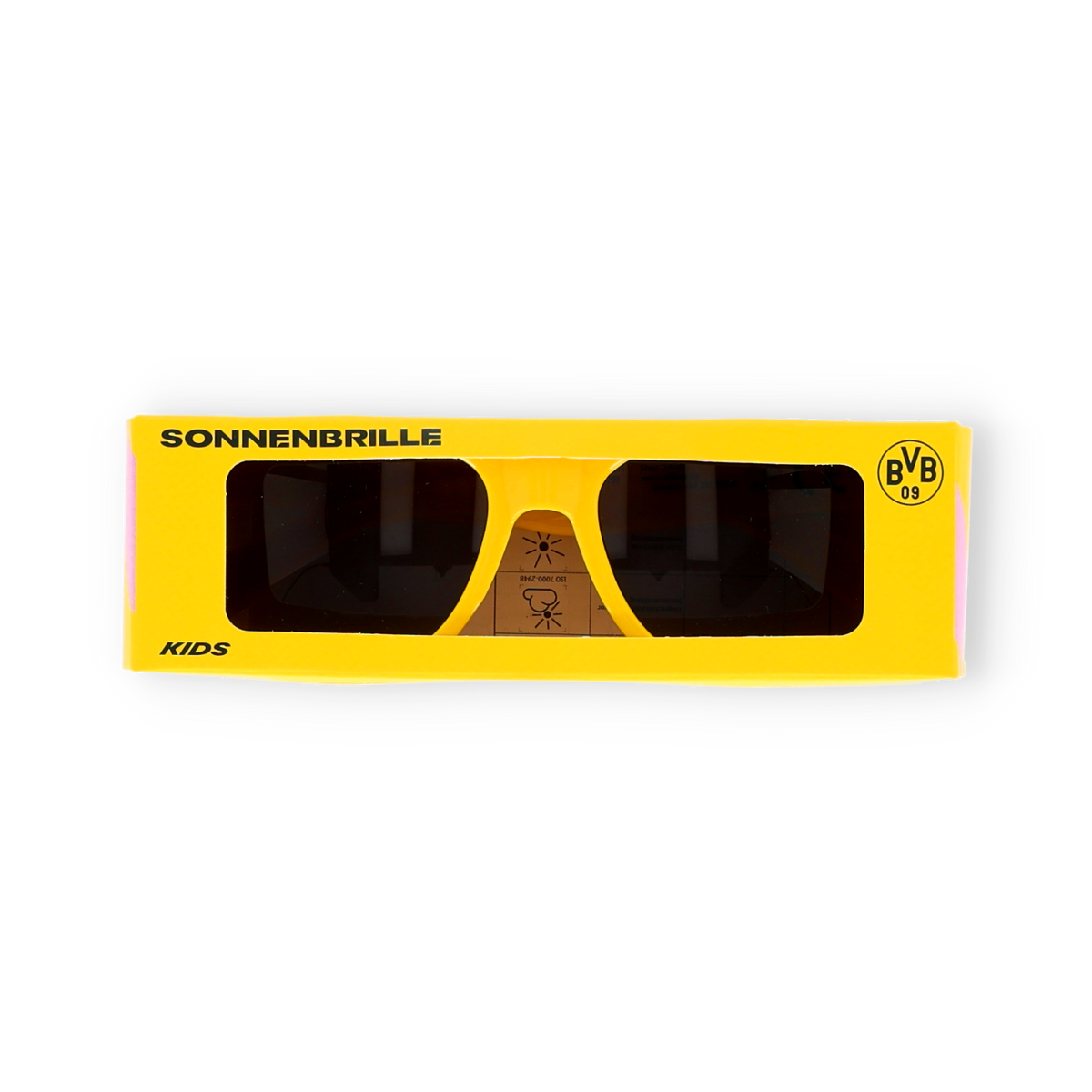 Kindersonnenbrille in schwarzgelb mit BVB-Logo, präsentiert in passender gelber Verpackung.