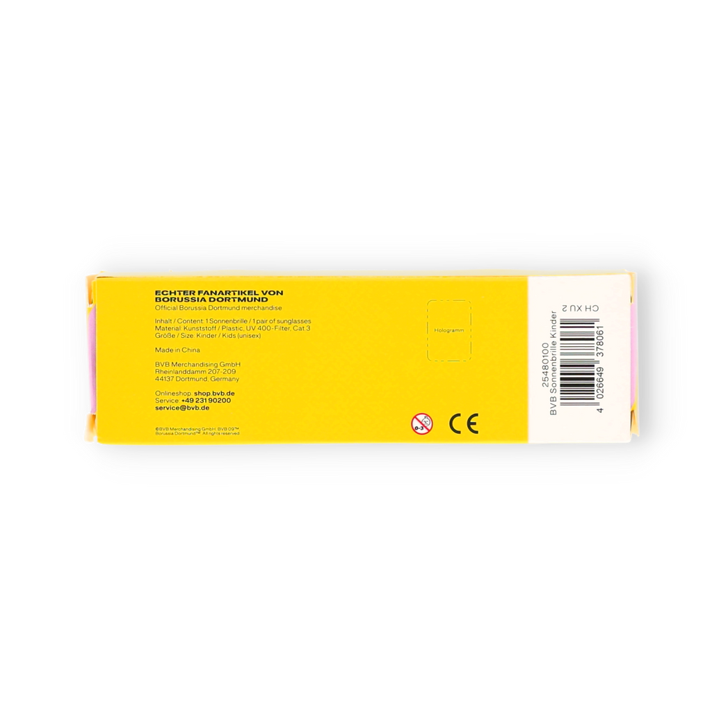 Gelbe Verpackung mit BVB-Kindersonnenbrille, UV-Schutz (400) und CE-Kennzeichnung, offizieller Borussia Dortmund Fanartikel.