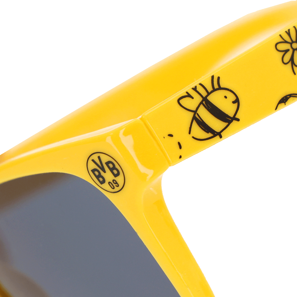 Detailaufnahme der schwarzgelben BVB-Kindersonnenbrille mit BVB-Logo und Bienen-Motiven auf den Bügeln.