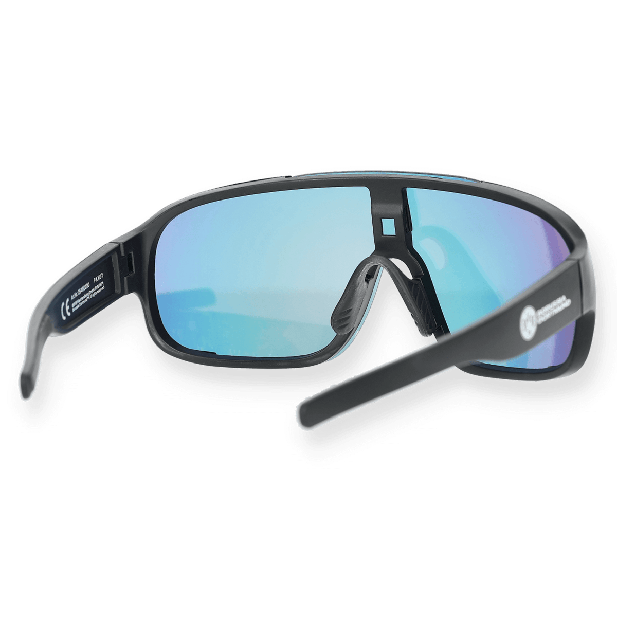 Lunettes de soleil noires du BVB avec des verres teintés en bleu et le logo officiel du BVB sur les branches, idéales pour le sport et les loisirs.