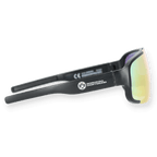 Black-and-yellow BVB sunglasses with mirrored lenses; side view showing the Borussia Dortmund logo on the temple. Perfect for fans and casual wear.