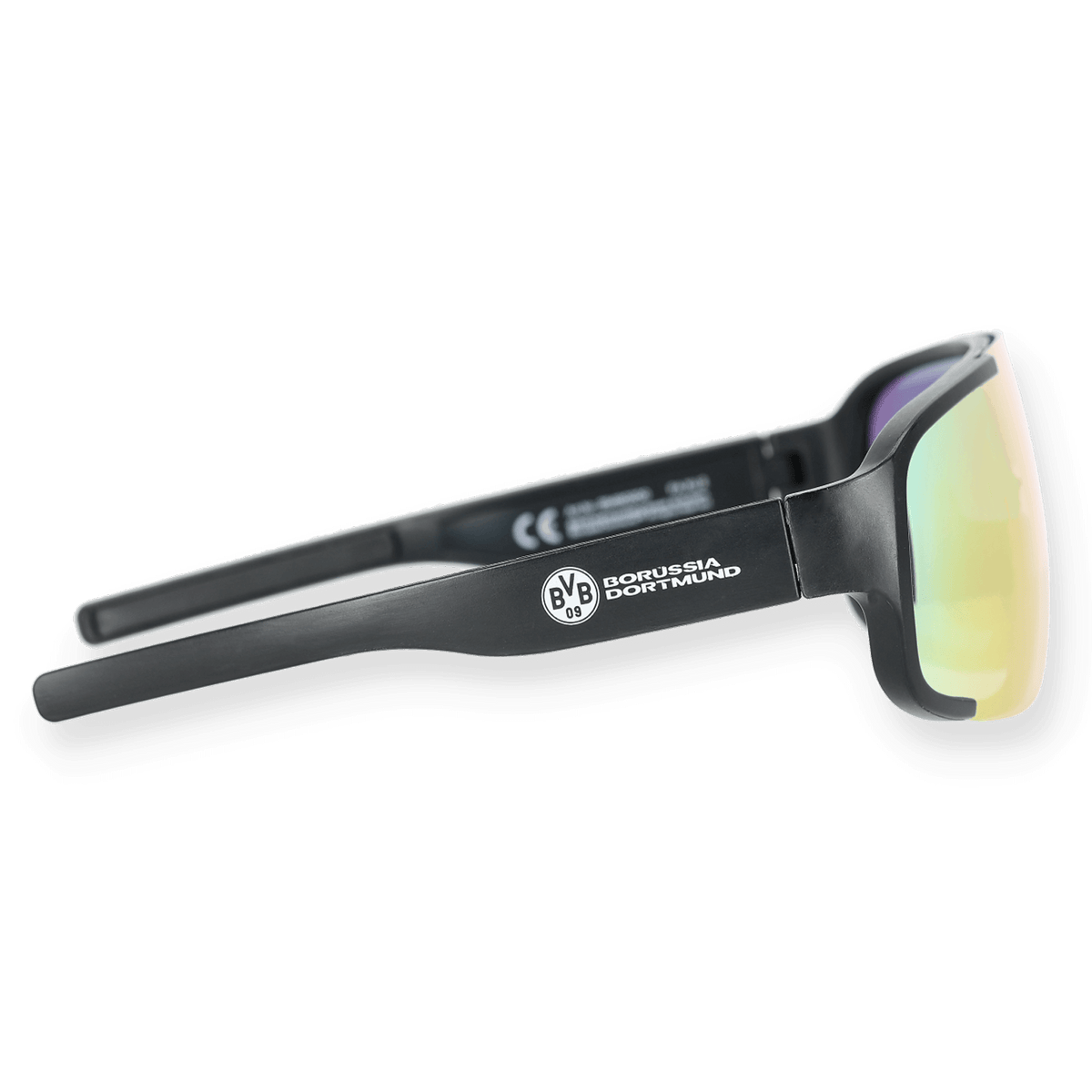 Black-and-yellow BVB sunglasses with mirrored lenses; side view showing the Borussia Dortmund logo on the temple. Perfect for fans and casual wear.