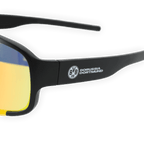 Vue de profil des lunettes BVB « rapides » avec des branches noires, des verres jaunes, le logo BVB 09 et l'inscription « Borussia Dortmund » sur la branche.