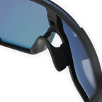 Close-up of a pair of BVB sunglasses featuring a black-and-yellow design, blue lenses, and a sporty style—perfect for Borussia Dortmund fans.